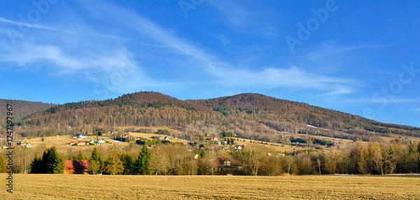 Obraz Early spring landscape of the Low Beskid mountains, near Wysowa Zdroj, Lesser Poland. Recreation,hiking, bicycle trips, abandoned villages of Lemkos, wooden orthodox churches.