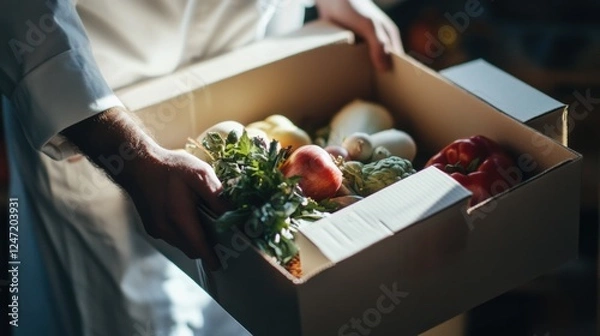 Obraz Chef selects fresh produce for rustic farm to table restaurant in warm inviting atmosphere amidst morning deliveries