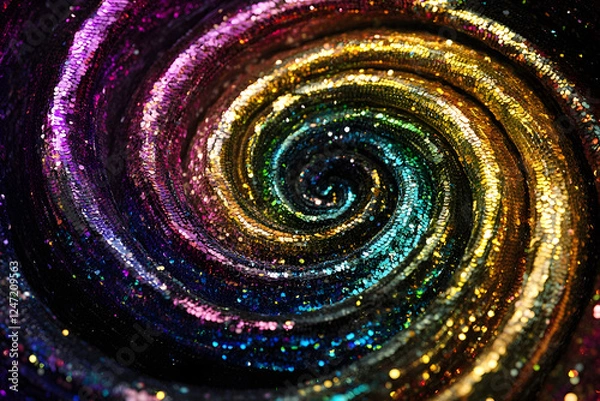 Fototapeta a swirling vortex of iridescent sequins with brilliant hues radiating against a dark background. the dynamic composition and glowing reflections give a sense of motion and depth, perfect for luxury ma