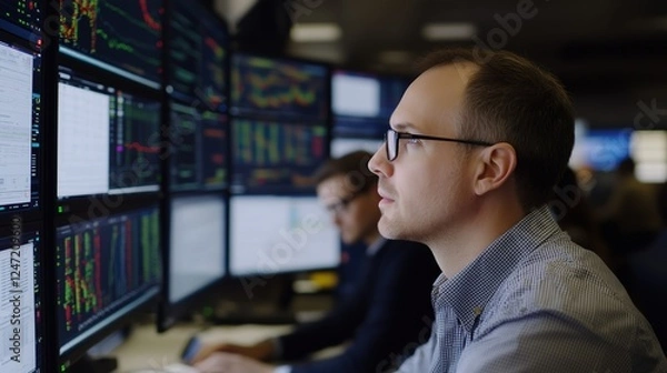 Obraz Focused on the Data: A dedicated professional meticulously analyzes financial data displayed across a wall of monitors, highlighting the intensity and detail-oriented nature of the financial world.