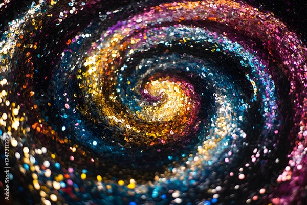 Fototapeta a stunning spiral of glittering sequins in vibrant colors, twisting into a mesmerizing pattern against a deep black canvas. the contrast of bright hues and dark space enhances its visual appeal for fe