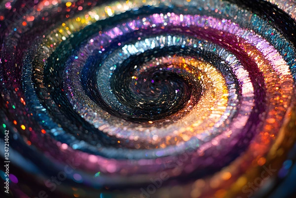 Fototapeta a visually striking spiral of reflective sequins forming a glowing whirlpool effect. the iridescent details shimmer against the black background, creating a sense of depth and luxury, perfect for even