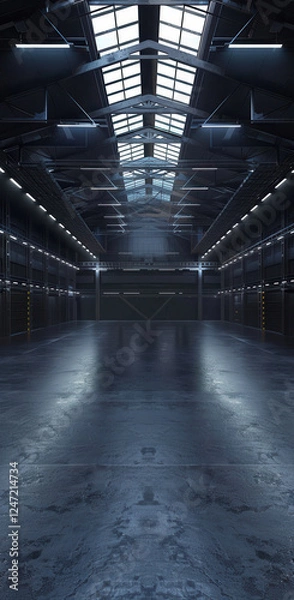 Fototapeta spacious industrial warehouse interior with high ceilings, large windows, and polished concrete floors, creating modern and open atmosphere
