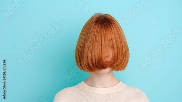 Obraz Short orange red bob hairstyle with straight blunt cut, creative studio portrait with face covered, playful fashion concept on blue background, hair texture focus, modern beauty

