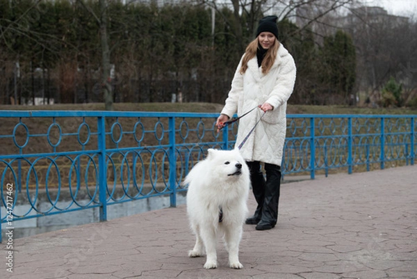 Fototapeta A woman in a long white coat and black hat walks a large, fluffy white dog through a park. The setting features a blue railing and bare trees, indicating winter