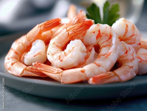Fototapeta A delicious serving of cooked shrimp presented on a plate, ready to be enjoyed. High in protein and full of flavor.