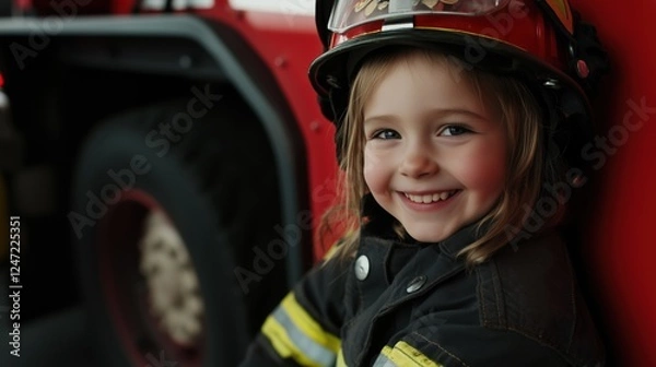 Fototapeta Future Firefighter: A young girl, beaming with a smile, wears a firefighter helmet and jacket, confidently leaning against a firetruck, showcasing a future filled with courage and determination.