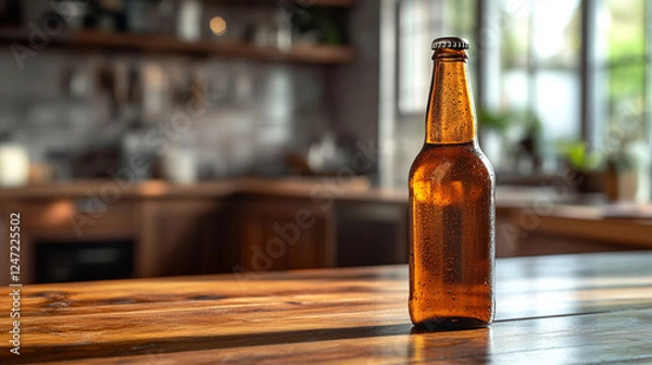 Obraz A modern beer bottle with a bright tone, placed against a blurred background, leaving empty space on the side, symbolizing solitude and introspection in a chaotic world.

