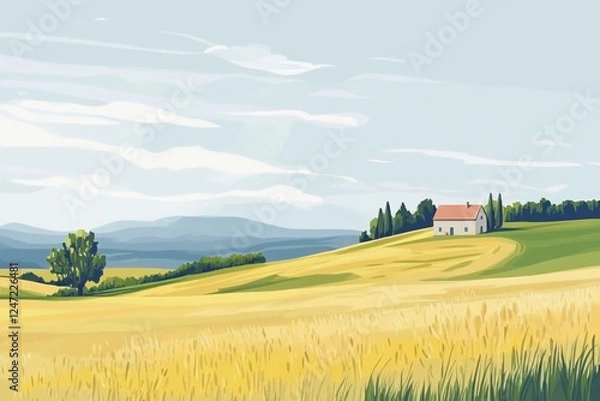 Obraz Minimalist vector illustration depicting a serene landscape with rolling hills, a quaint house, and a vast field during the daytime. Generative AI