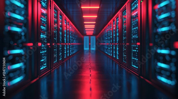 Fototapeta futuristic data center hallway with glowing server racks and ambient lighting