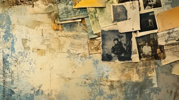 Fototapeta Aged Photographs Adorn a Weathered Wall Surface