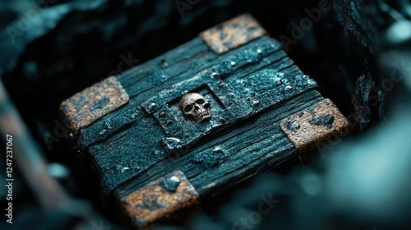 Fototapeta An ancient treasure chest partly revealed within rocky surroundings, featuring a prominent skull, symbolizes lost riches and the mystery of forgotten histories and adventures.