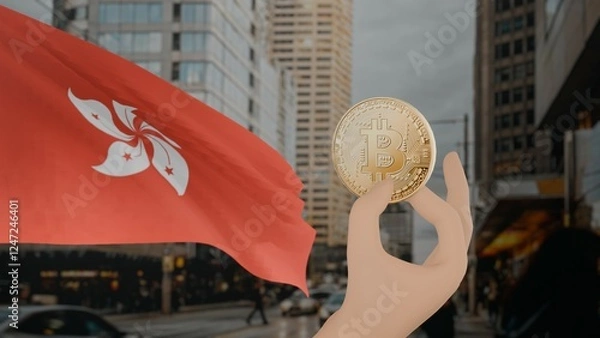Obraz Golden bitcoin held by a hand with a waving Hong kong flag in the background against a modern urban cityscape