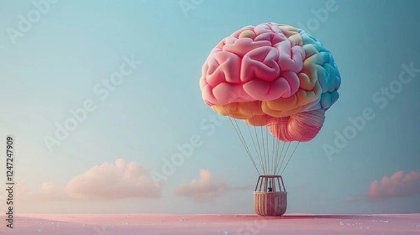 Fototapeta Colorful Hot Air Balloon Carrying Dreams Floats Above a Vibrant Brain, Symbolizing Adventure and Exploration