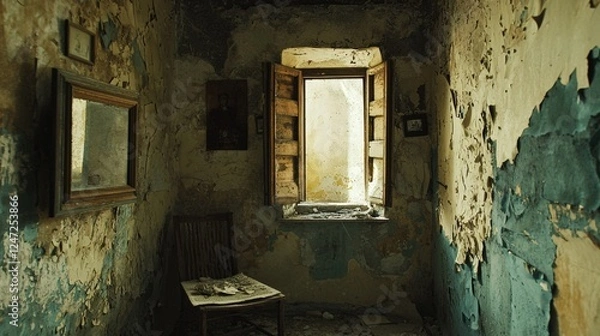 Fototapeta Abandoned room with peeling walls and open windows in a derelict building during daylight