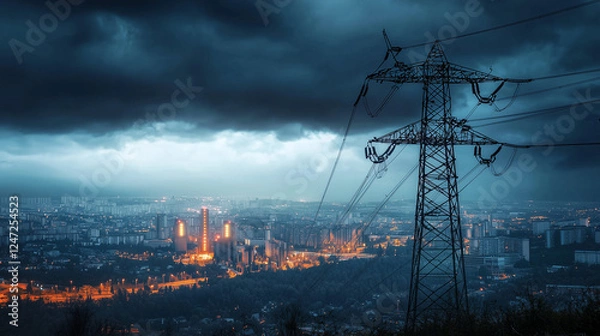 Fototapeta City skyline with backup generators glowing during power outage