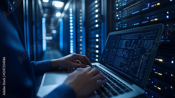 Obraz A computer engineer working on a laptop in a server room, representing a data center focused on big data storage�ideal for IT support and telecommunication concepts.