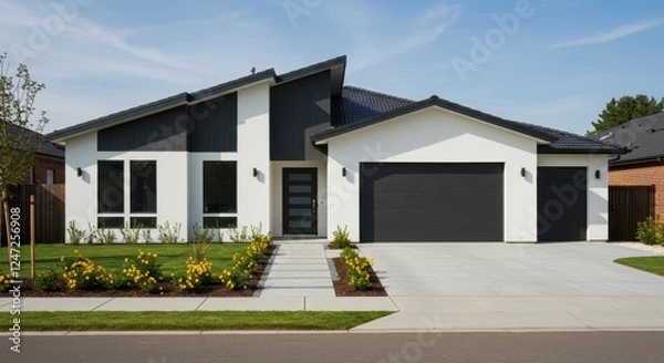 Fototapeta A suburban modern house with a low pitched roof and a sleek design