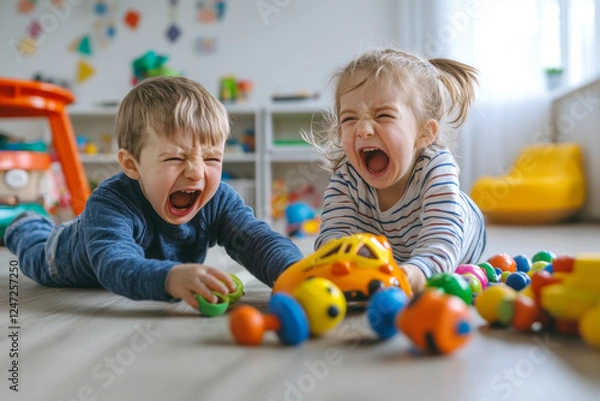 Obraz Little kids are fighting in room at home. Children pull same toy each in their own direction. Babies crying and screaming. Relations of sibling in family. Babies adaptation in groups
