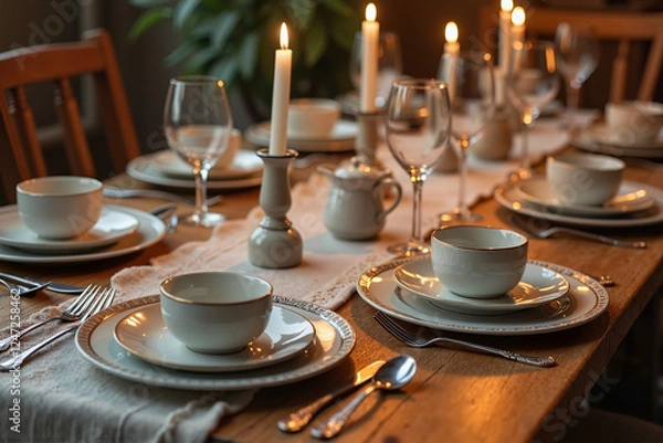 Obraz Rustic Candlelit Table Setting with Warm Glowing Ambiance