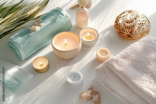 Obraz Conjunto de itens de spa com toalhas, velas e elementos decorativos em tons neutros, capturados com luz natural suave, criado com IA generativa.
