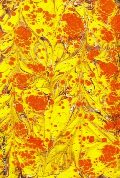 Fototapeta Abstract background with autumn leaves. Ebru art illustration in yellow and orange colors.