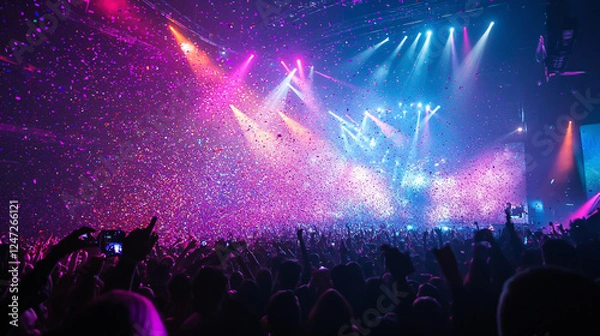 Obraz A concert crowd enjoying colorful stage lights and confetti.