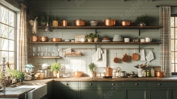 Fototapeta A cozy kitchen with green cabinets, copper cookware, and shelves filled with plants, dishes, and glassware, bathed in natural light.