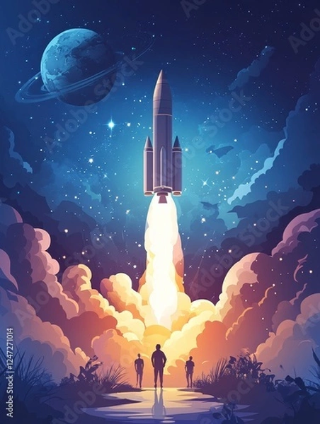 Obraz Startup concept. People launch spaceship rocket, start new project. Start-up app landing web page vector design. Illustration of rocket startup project, success launch spaceship