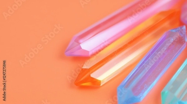 Fototapeta Kaleidoscopic Luxury Background with Colorful Crystal Shapes on Vibrant Orange Surface
