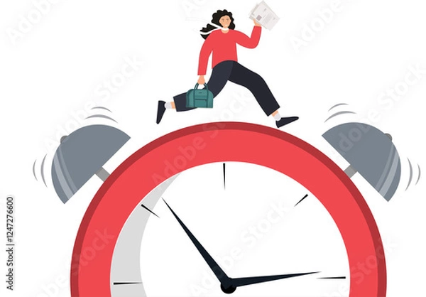 Fototapeta Business woman running late for work, stressed woman rushing to meeting woman with briefcase running against the clock, time management concept