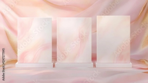 Fototapeta Three minimalist display stands on a soft, pastel background for showcasing products.