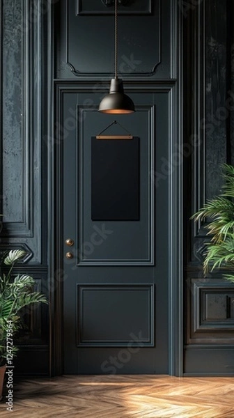Fototapeta A sleek door hanger design hanging on a sophisticated door within a polished studio environment. Ideal for presenting creative branding concepts in a stylish way
