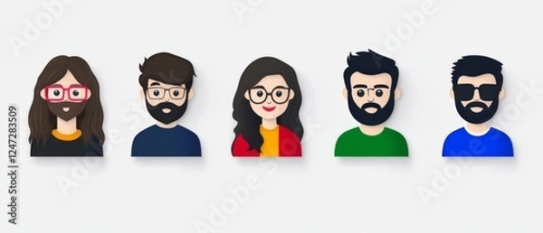 Fototapeta Cartoon characters show various hairstyles and glasses in a minimalist style