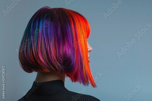 Fototapeta Rear view of rainbow bob hairstyle, neon orange and purple gradient, sharp clean cut, dark clothing contrast, vibrant layered colors, minimal backdrop, sleek studio photo
