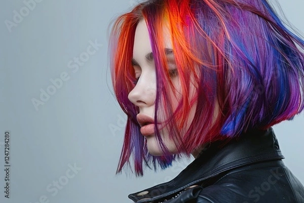Fototapeta Wind-swept rainbow bob hairstyle, red and blue gradient tones, soft face expression, leather jacket style, edgy mood, colorful hair in motion, cool lighting, dynamic portrait