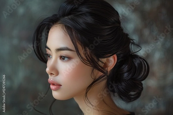 Fototapeta Elegant woman in soft updo, side profile view, subtle background, soft lighting, feminine portrait, graceful expression, styled hair, professional fashion photo, muted colors