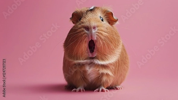 Obraz Surprised guinea pig on pink background, expressive animal close-up, fluffy fur detail, minimalistic and playful pet portrait, vibrant and cheerful composition, isolated on pastel tones

