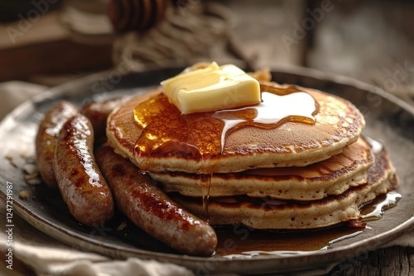 Fototapeta Pile of fluffy pancakes with butter and sausage for a hearty breakfast.