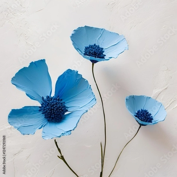 Fototapeta Minimalistic oil painting of abstract three blue flowers