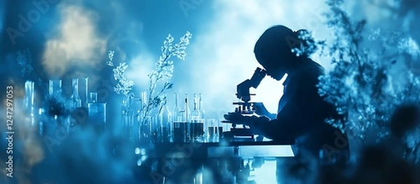 Obraz Diffuse blue background with double exposure of close-up laboratory scientist working in a lab using a microscope and test tubes, vials, or beakers for medical research or science development concept