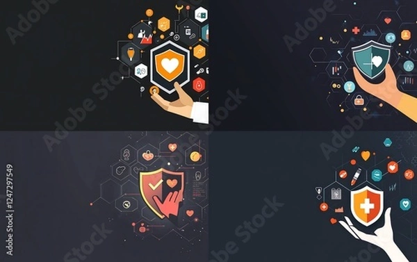 Fototapeta Digital background featuring a business hand holding a shield and a checkmark icon, with health and security concepts displayed in a virtual screen
