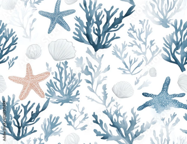 Fototapeta Beautiful underwater scene featuring coral and seashells in blue tones. design includes starfish and various coral shapes, creating serene oceanic atmosphere