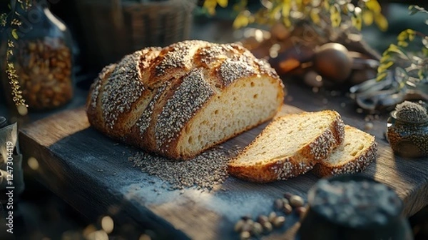 Obraz Rustic whole grain bread with sesame seeds on wooden board, fresh homemade loaf