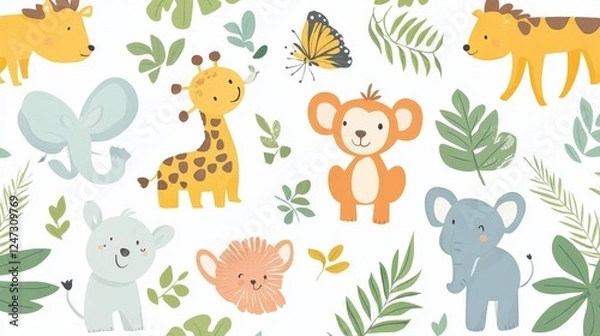 Fototapeta Children s animals background. Cute animals in the jungle on white. Vector illustration in flat style