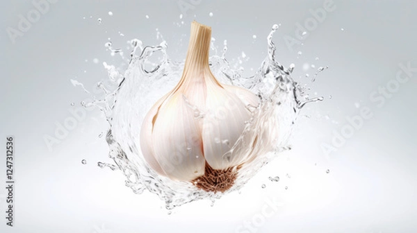 Fototapeta Fresh garlic bulb splashing in water with copy space for culinary design