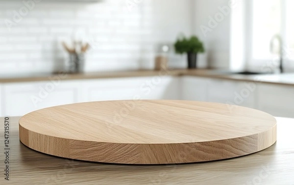 Obraz Empty wooden table top with blurred kitchen background for product display montage, modern interior design of a home or restaurant, space for text