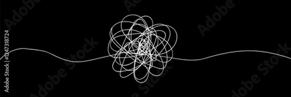 Fototapeta Confused thoughts in black background. Concept of mental health problems, stress, grief, headache in simple linear style. Editable vector illustration