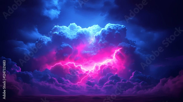 Fototapeta Abstract neon background with stormy cloud glowing with bright light, rendering, weather phenomenon, abstract, neon, background. Weather Phenomena. Illustration
