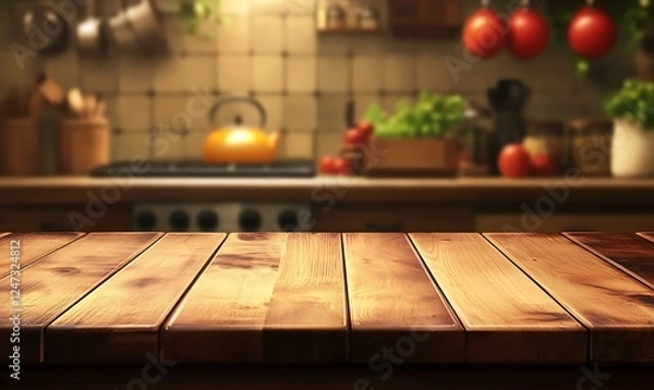 Obraz Empty wooden table top with a blurred kitchen interior background for product display, montage